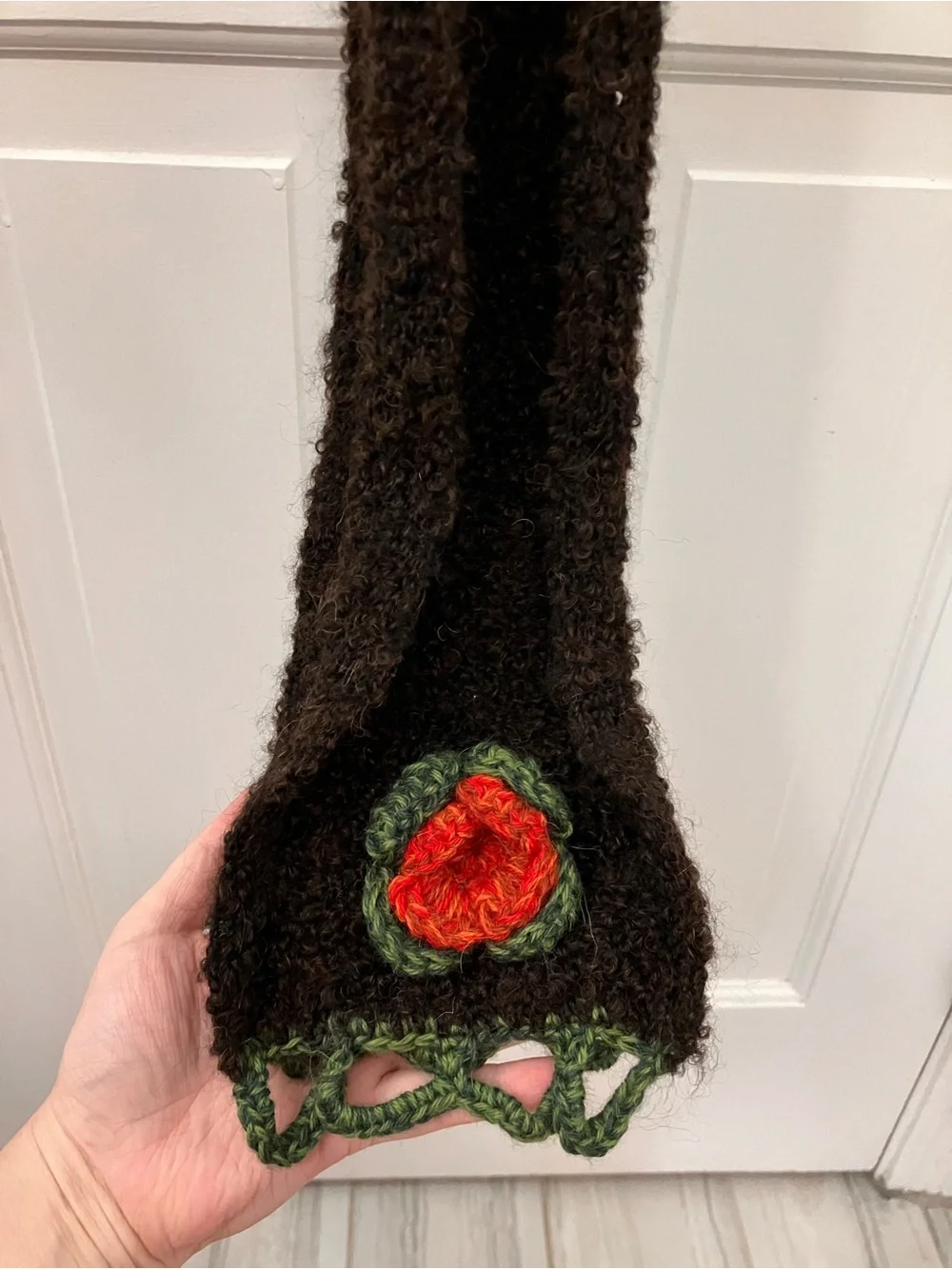 Handmade wool Dark Brown Knit Scarf with Red green flower Appliqués by Tabask